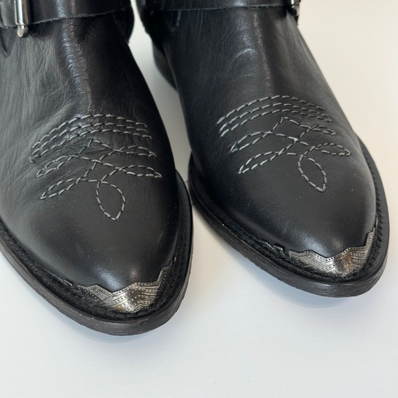 Zara Woman Black Leather Western Boots Harness Buckle Pointed Toe Silver Detail - Picture 3 of 8